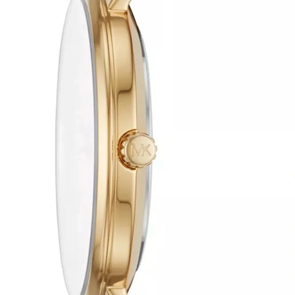 NWT Michael Kors Pyper Gold-Tone/Leather Luggage Strap.White Sunray Crystal 38mm - Picture 3 of 7